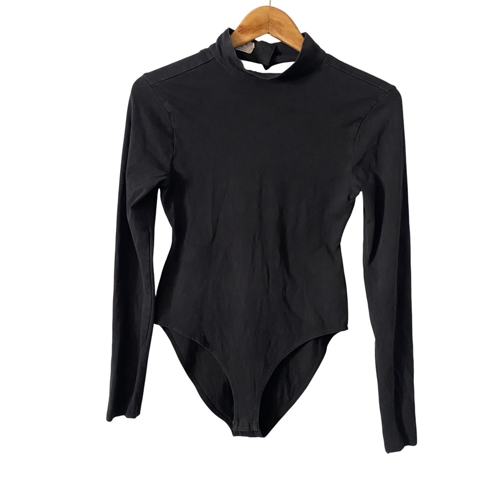 Frame Denim Women Sm Mock Neck Black Open Back Long Sleeve Bodysuit Minimalist‎